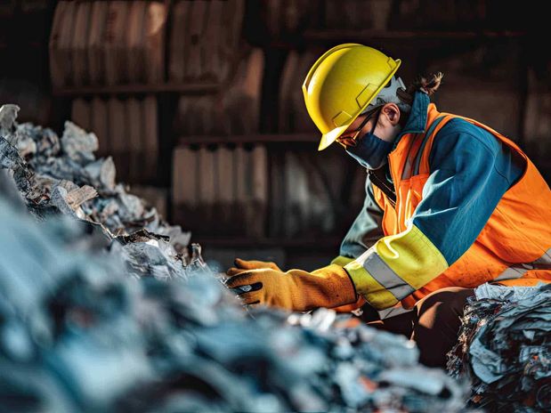 female worker uses xrf alloy analyzer gun at work